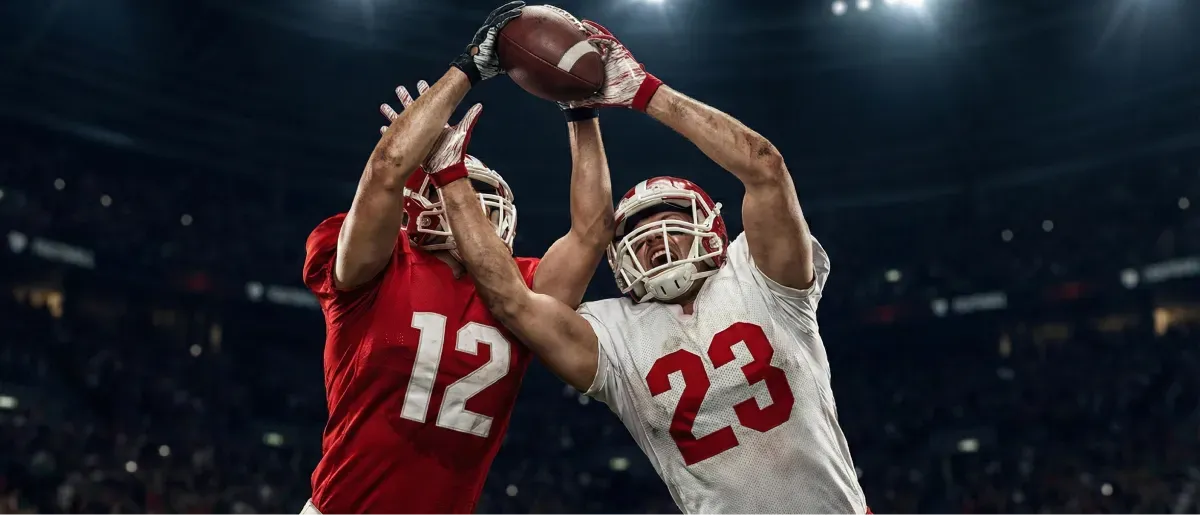 Two football players in red and white jerseys leap to catch a pass in a stadium.